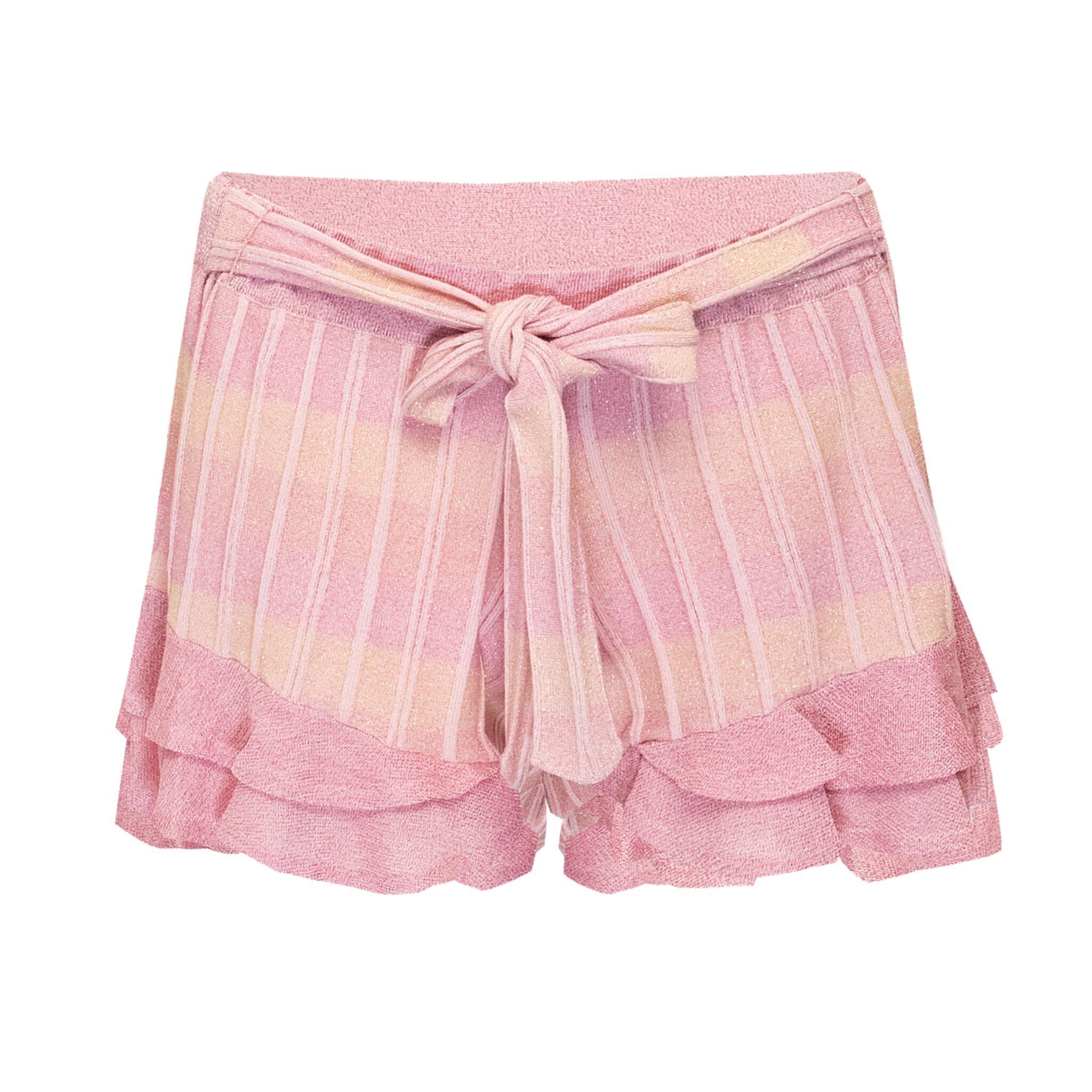 Striped Frill Shorts In Ribbed Knit With Tie Belt Pink