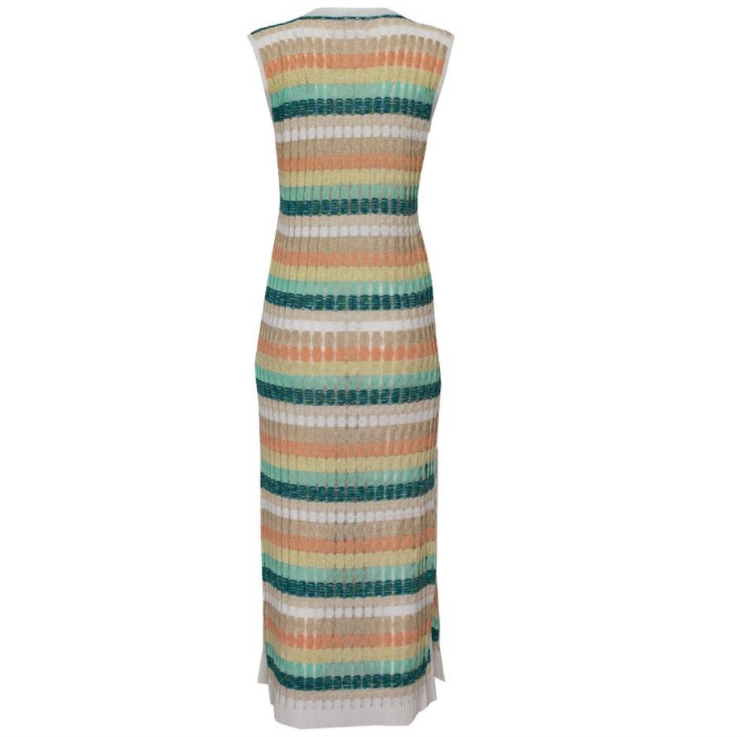 Maxi Dress in Racking Knit with Criss Cross Front Neckline White/Green ...